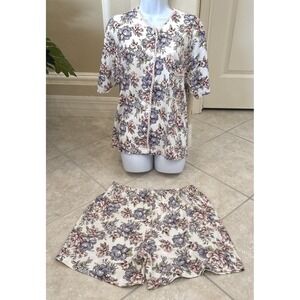 VTG Kathryn Floral Pajama Set Purple Pink Lace Trim Button Front Top Shorts Sz L
